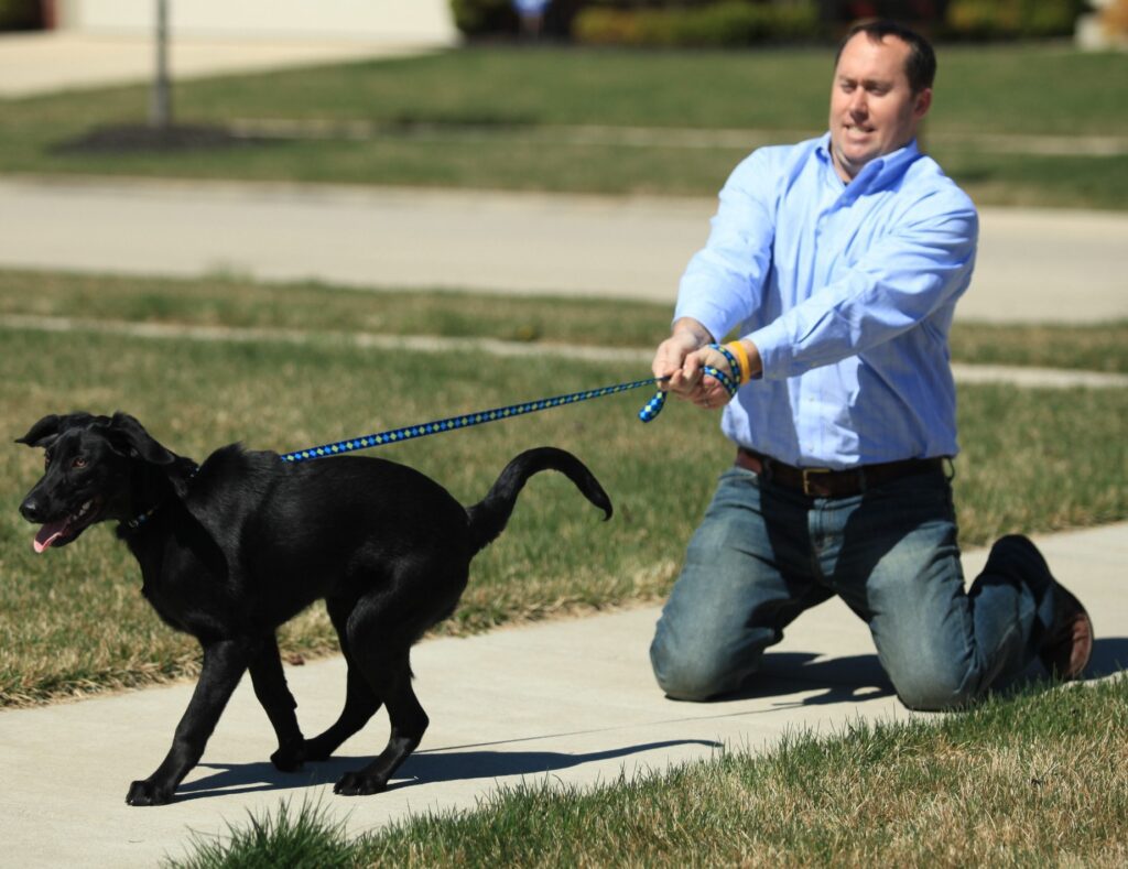 perro tirando de la correa y su dueño arrodillado