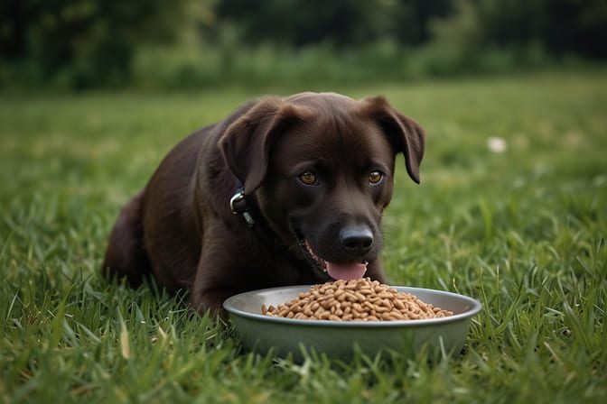 labrador comiendo su comida en un jardin