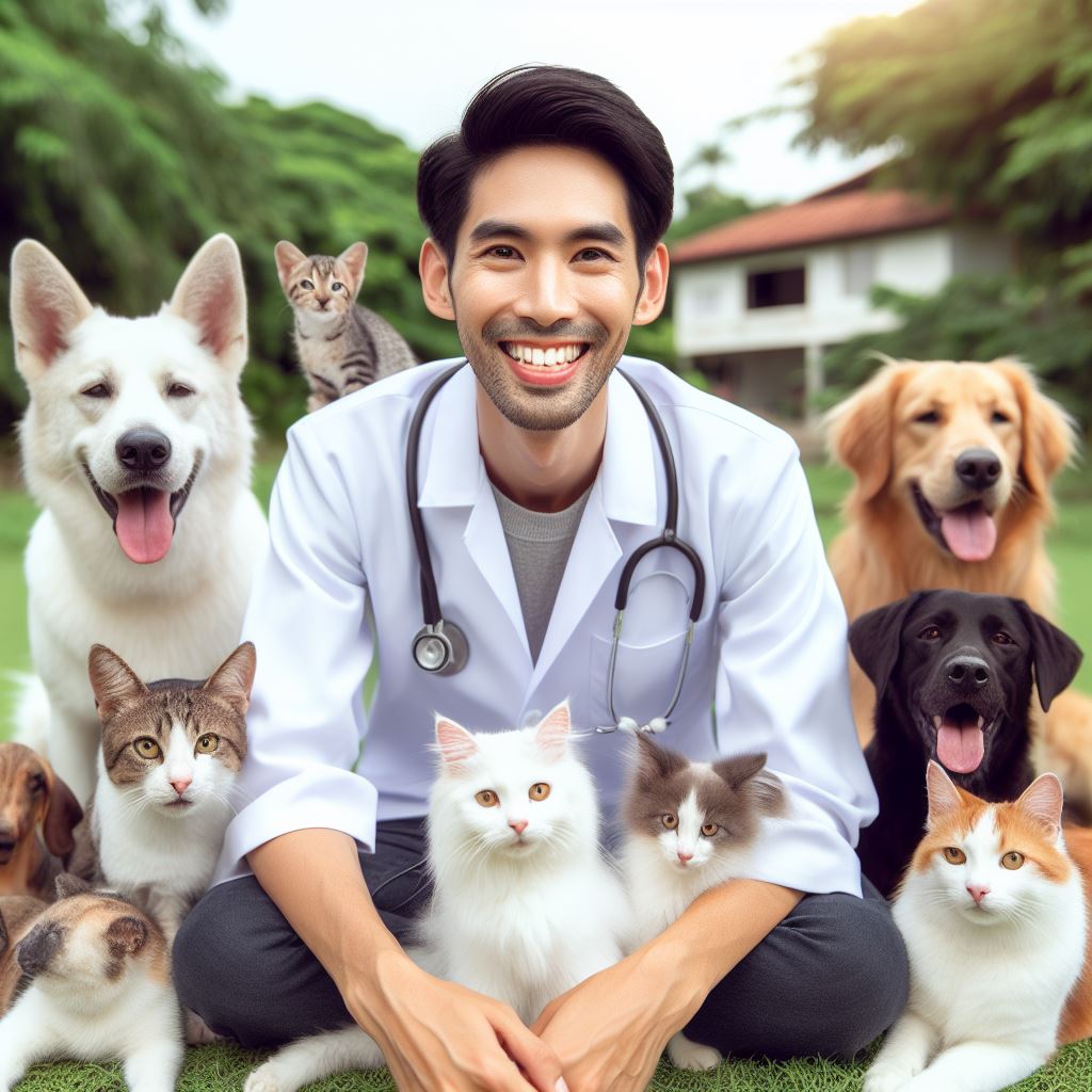 visitas regulares al veterinario
foto de IA donde esta un veterinario rodeado de perros y gatos todos felices