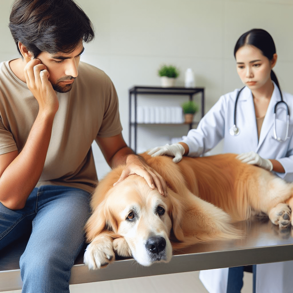 imagen de una perra con piometra y su dueño en el consultorio veterinario