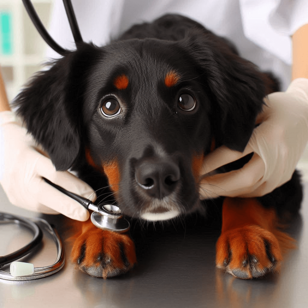 por que tu perro tose mucho, imagen de un perro en la veterinaria, por IA