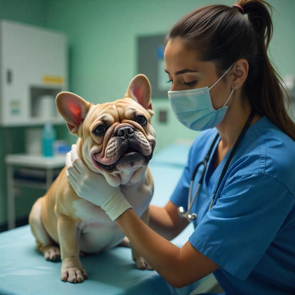 imagen muestra una veterinaria y un bulldog en la mesa de la clinica.
Imagen con IA